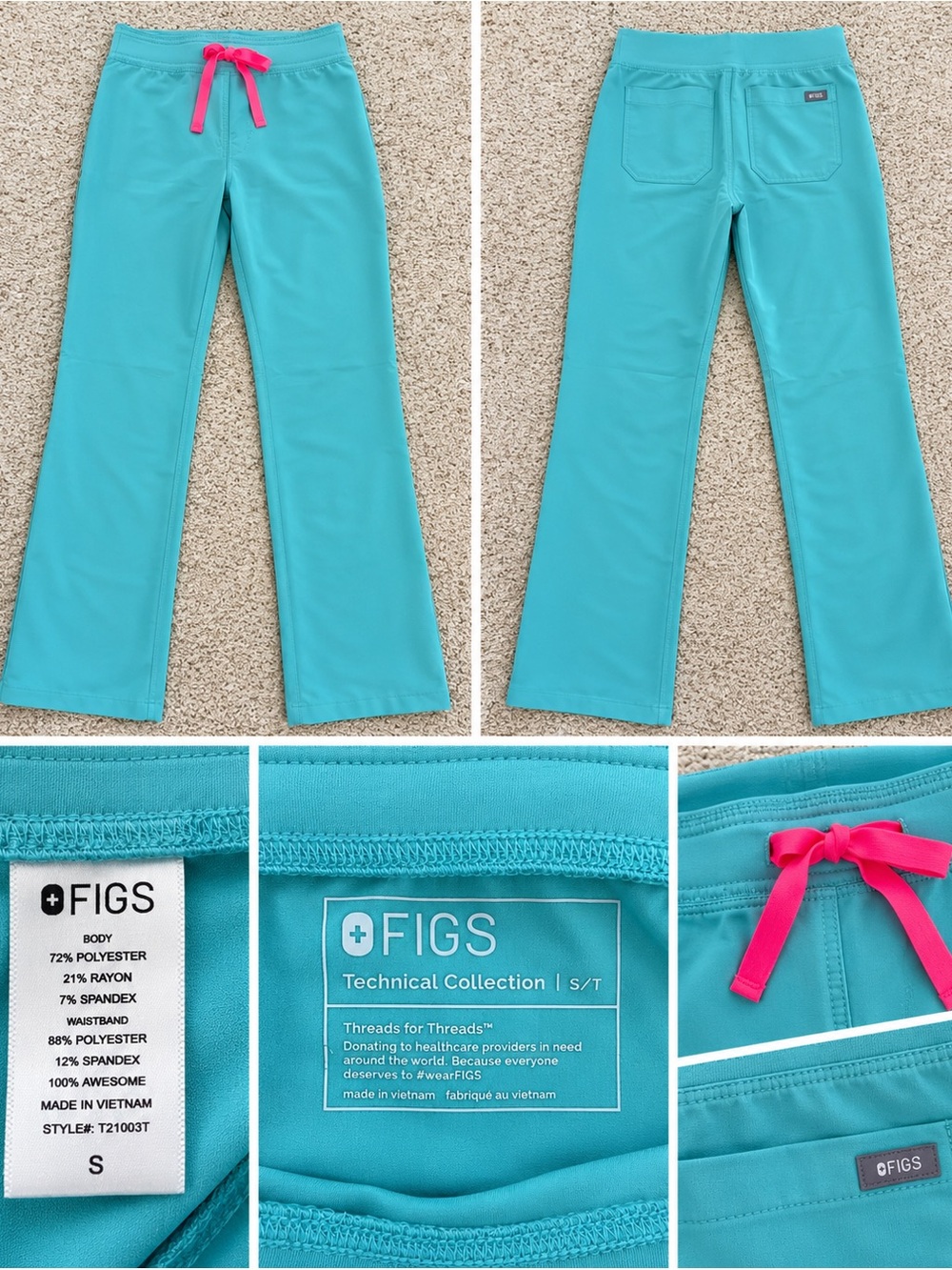FIGS Kids Turquoise Pajama Pants with Hot Pink Drawstring